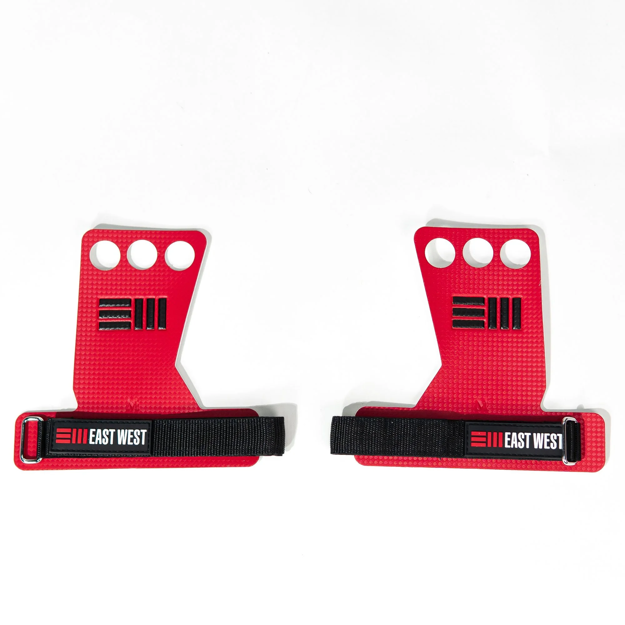 Two red and black weightlifting straps labeled 'East West' on a white background.