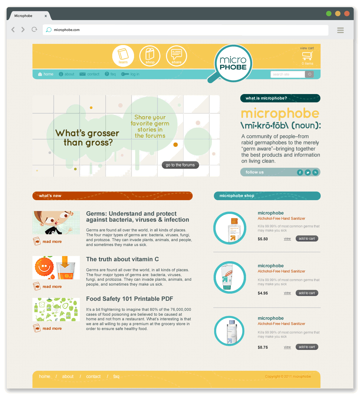 Screenshot of the Microphobe website homepage with navigation links, a large banner asking "What's grosser than gross?", and product listings for hand sanitizer and vitamin C related to germs and food safety.