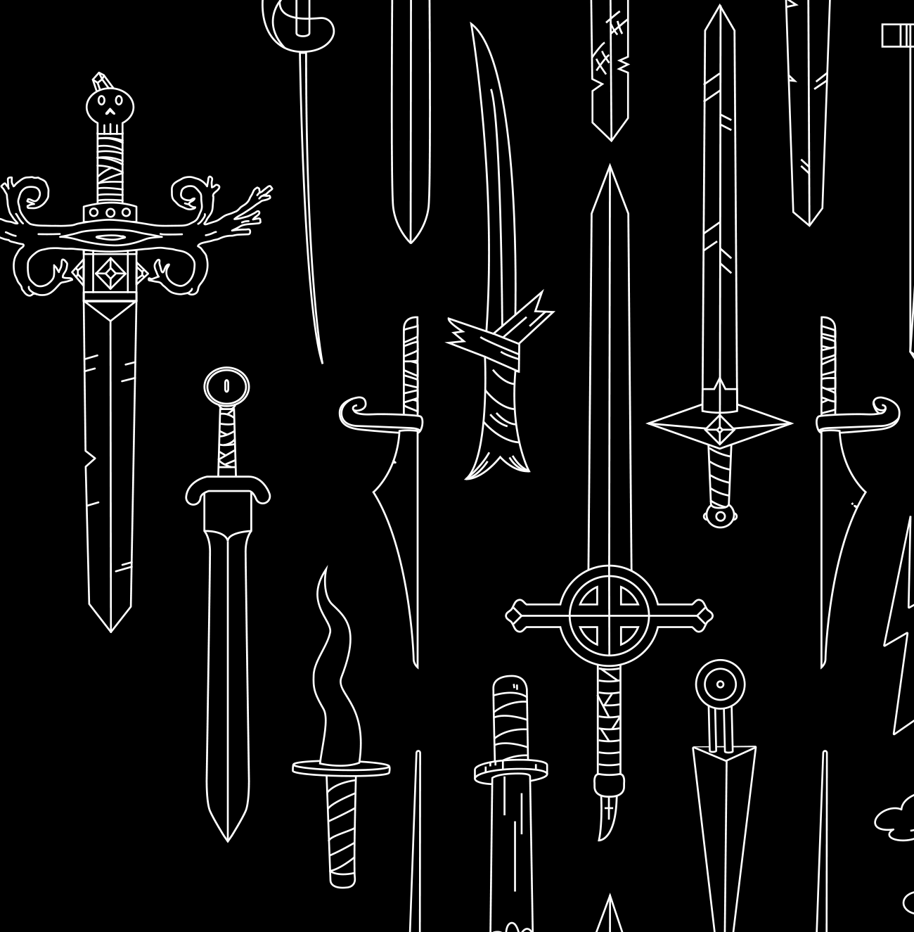 Black background with white line art of various fantasy-style swords with intricate handles and shapes.