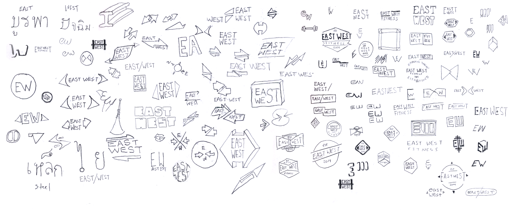 A collection of various hand-drawn logos and symbols featuring the words 'EAST' and 'WEST' in different fonts, shapes, and designs.