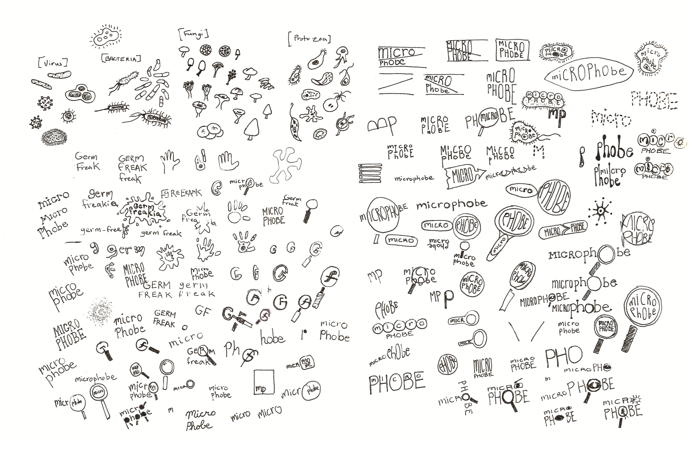 A collection of hand-drawn sketches and doodles of microorganisms, bacteria, fungi, protozoa, and related terms like 'microbe,' 'germ,' and 'phobe,' arranged randomly across the page.