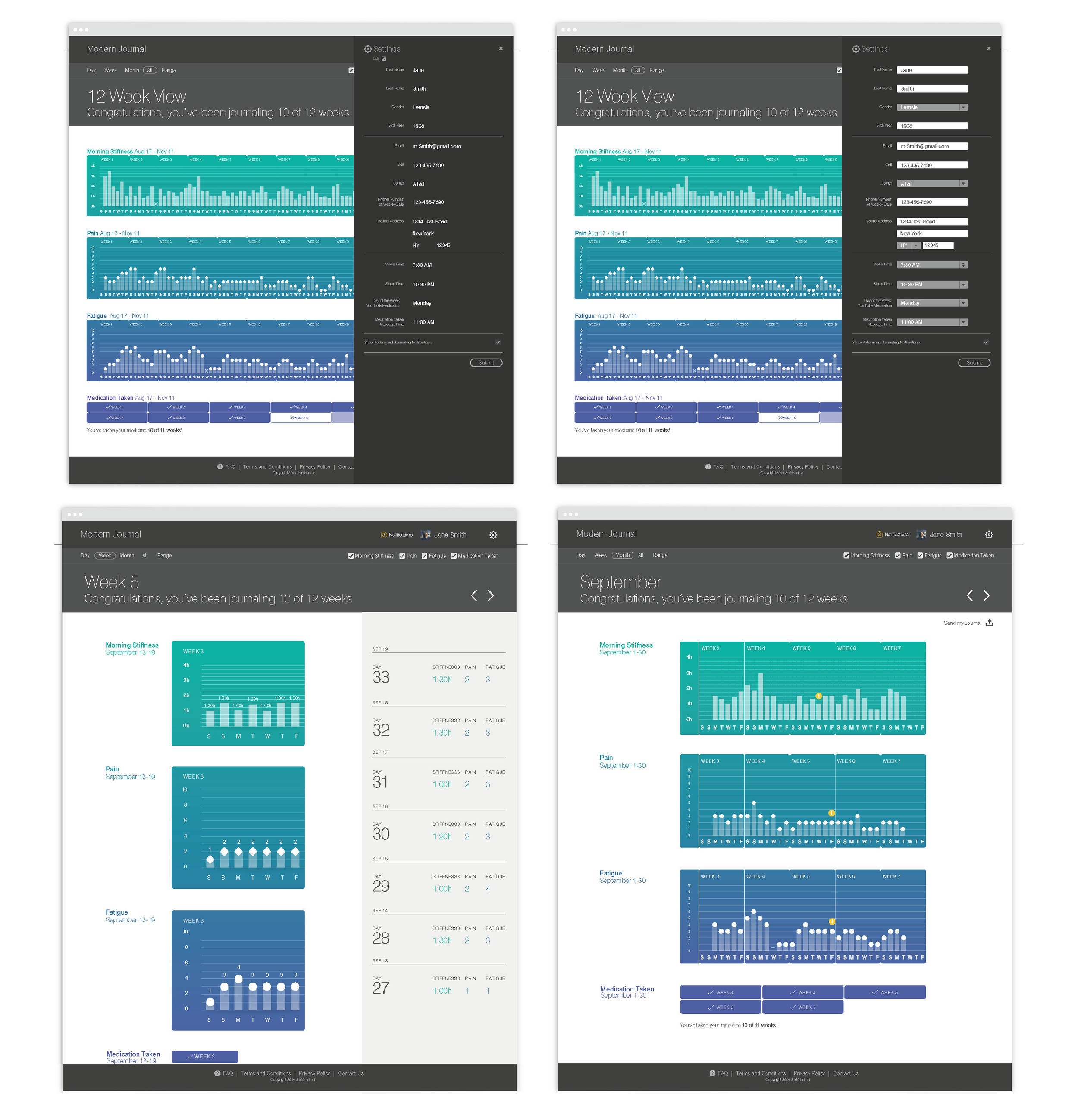 Screenshots of a health journaling app showing weekly data on morning stiffness, pain, fatigue, and medication taken, with graphs and data entries for various weeks in September and October, including a user profile section.