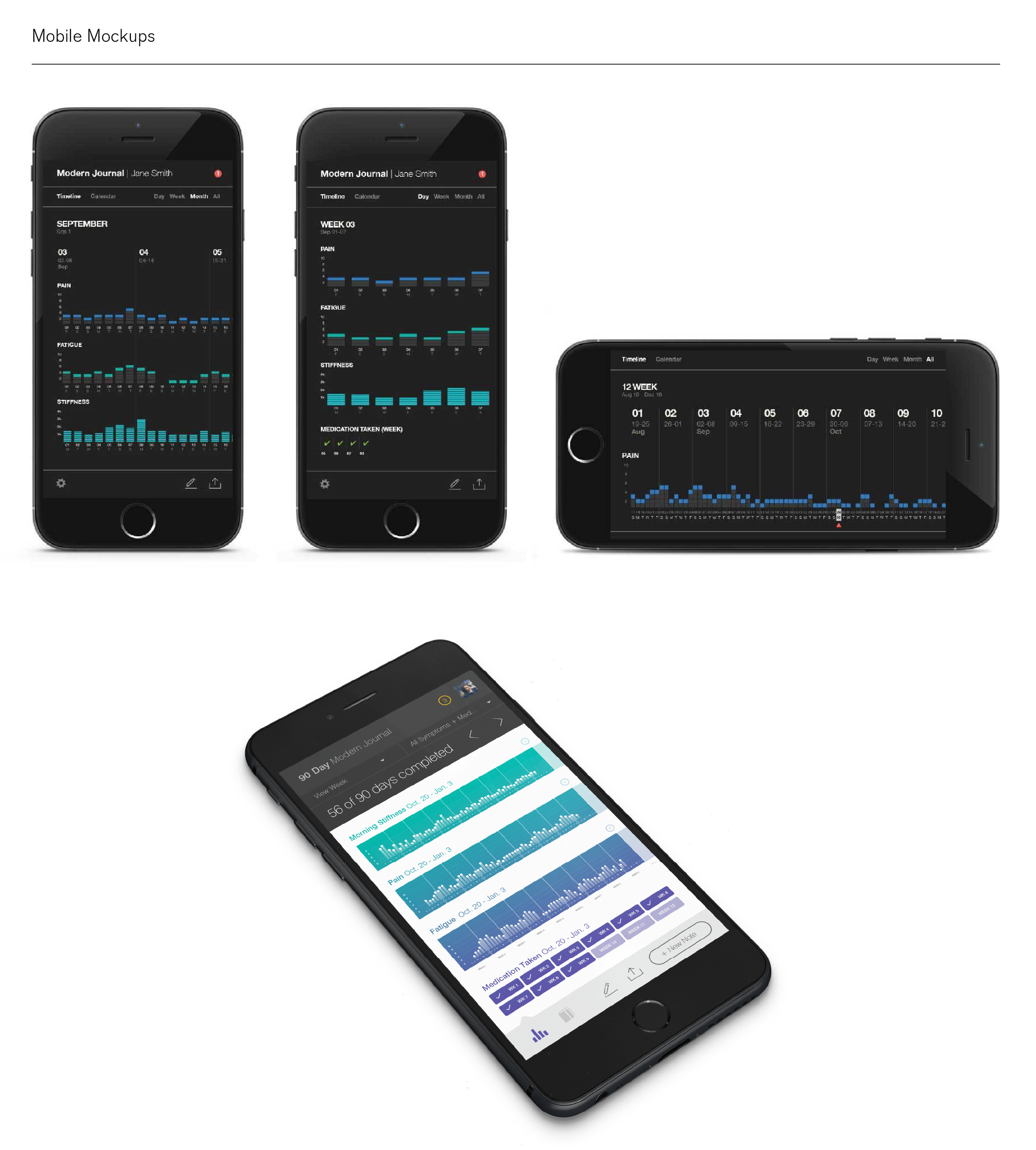 Multiple smartphones displaying health tracking app with graphs and charts on a white background.