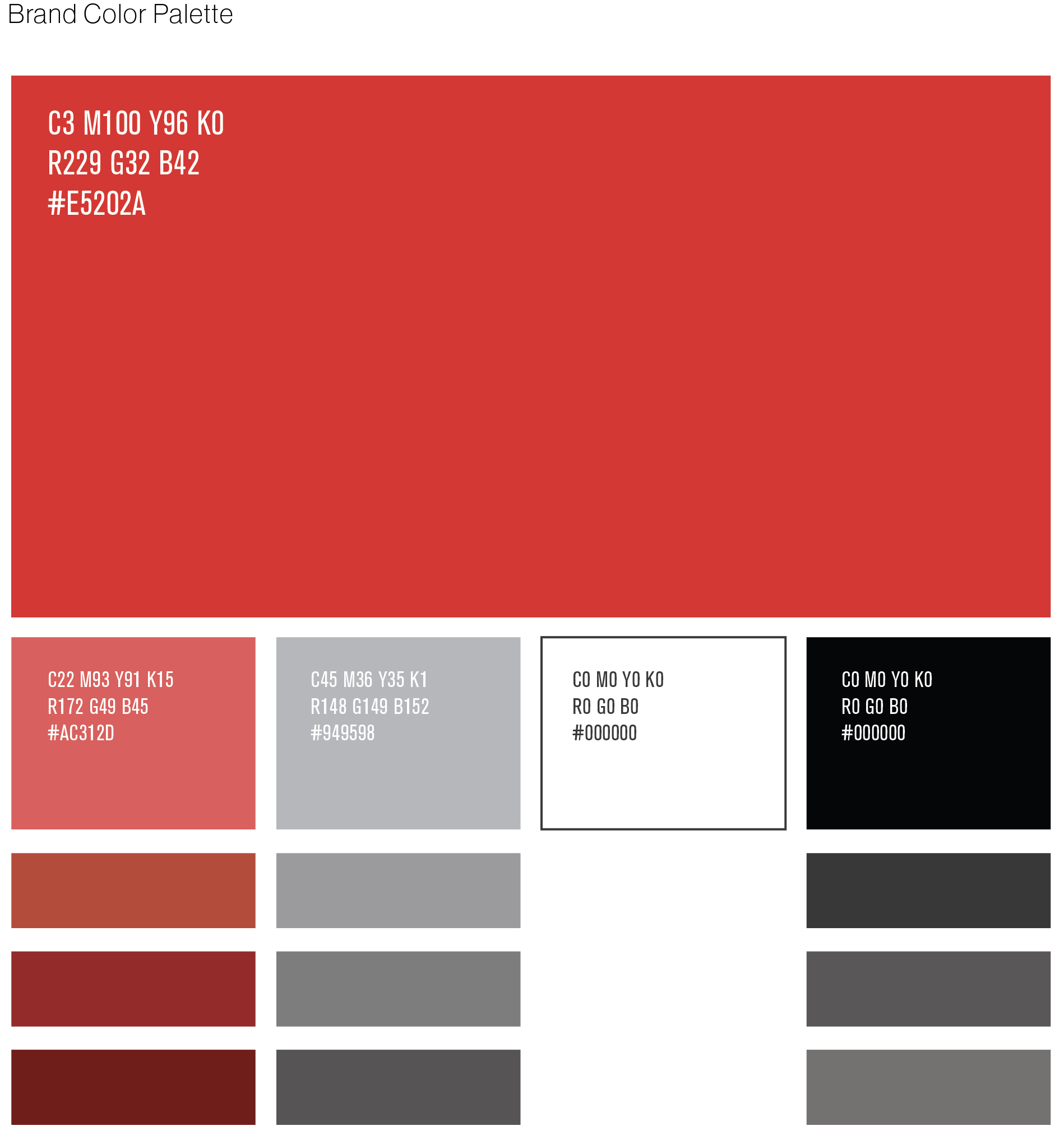 Pantone color chart depicting various shades, with a large red swatch at the top labeled with its Pantone code, and a gradient of additional colors in rectangular swatches labeled with their respective Pantone codes underneath.