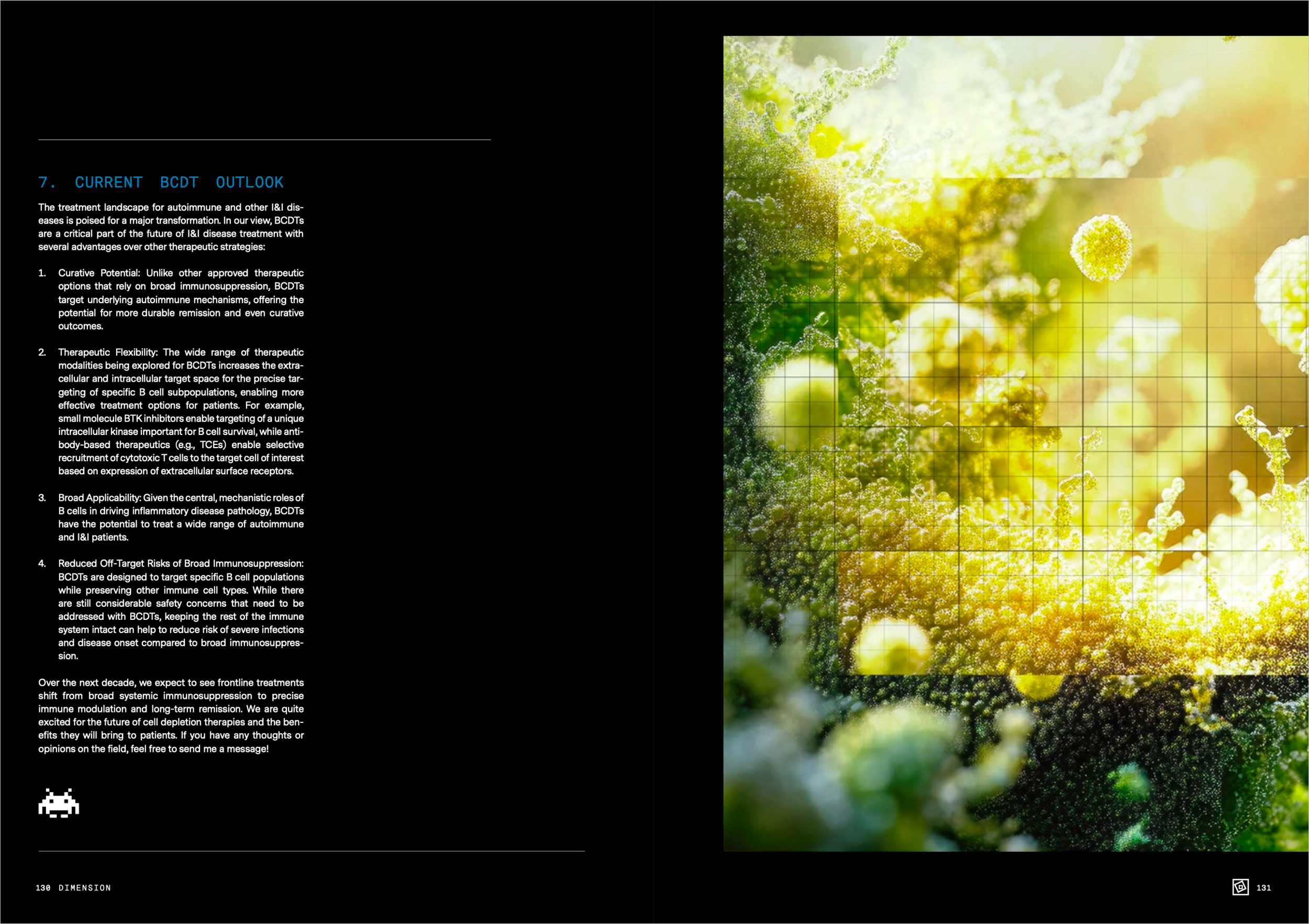 Two pages of a scientific article with text on autoimmune therapy landscape and a large, detailed close-up image of a virus or cell structure on the right.