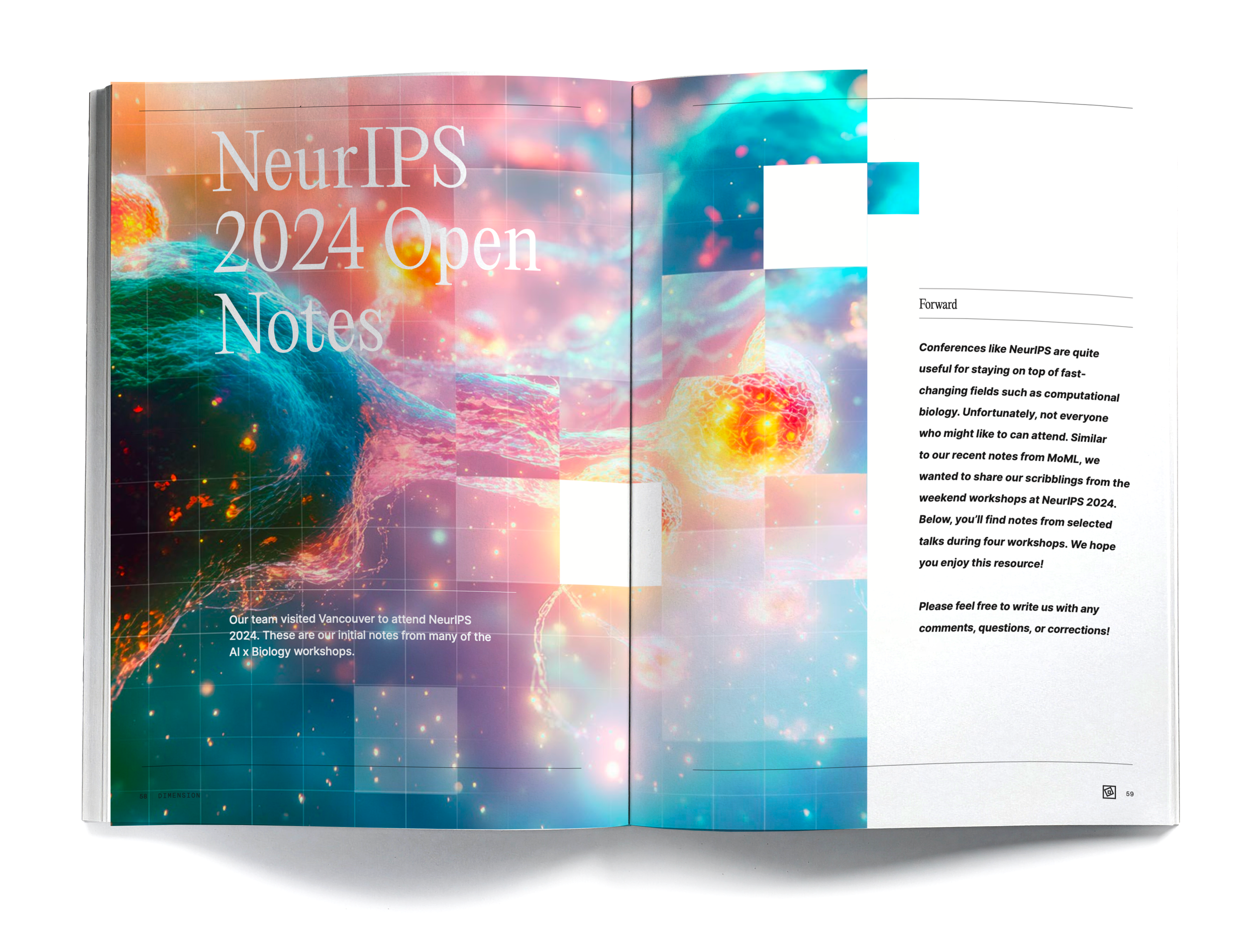 Open magazine with colorful scientific illustrations on the pages, including a title 'NeurIPS 2024 Open Notes,' and a paragraph discussing the conference, notes, and workshops.
