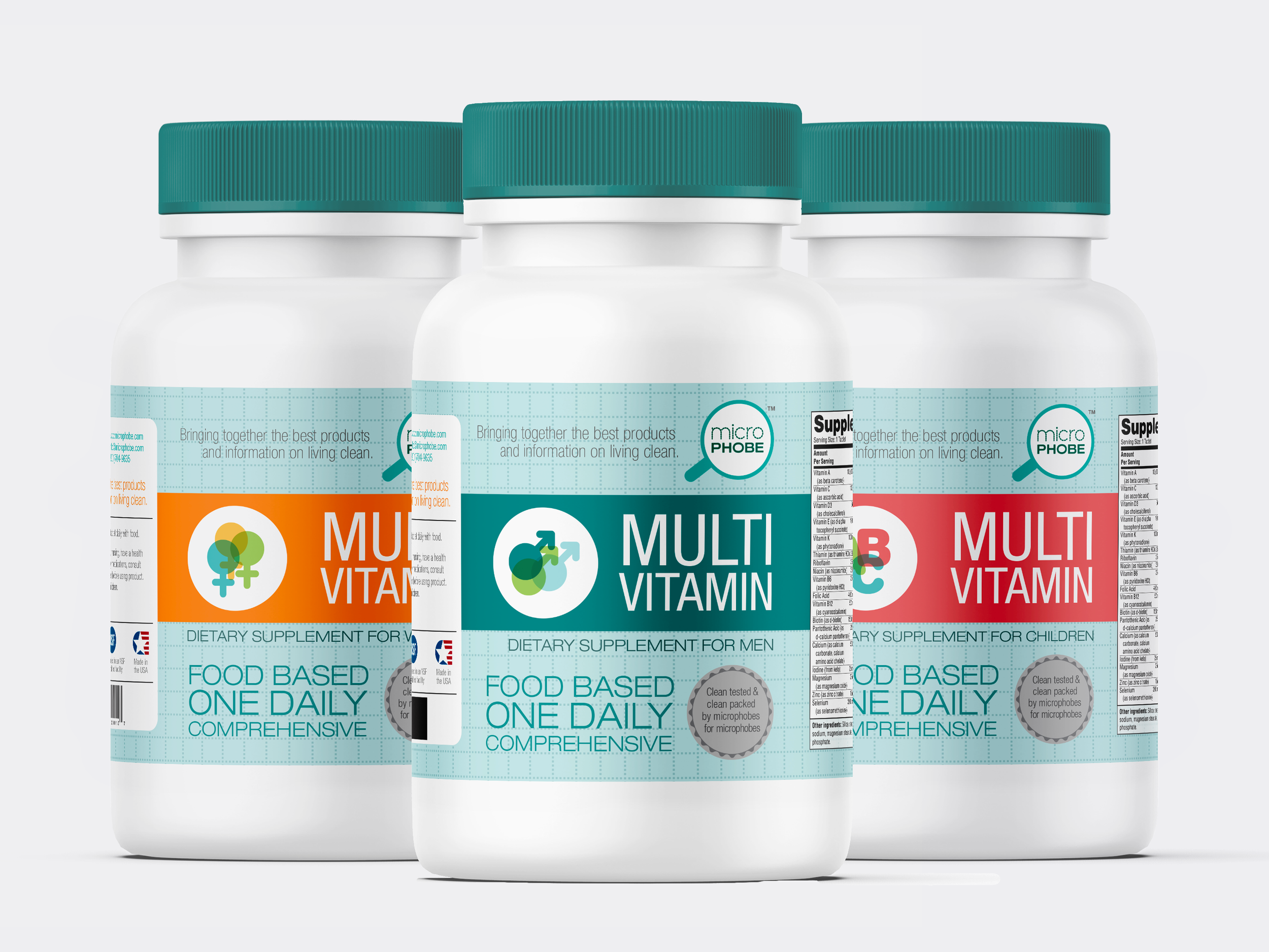 Three bottles of food supplement labeled "MULTI VITAMIN" in different formulas for men, women, and children.