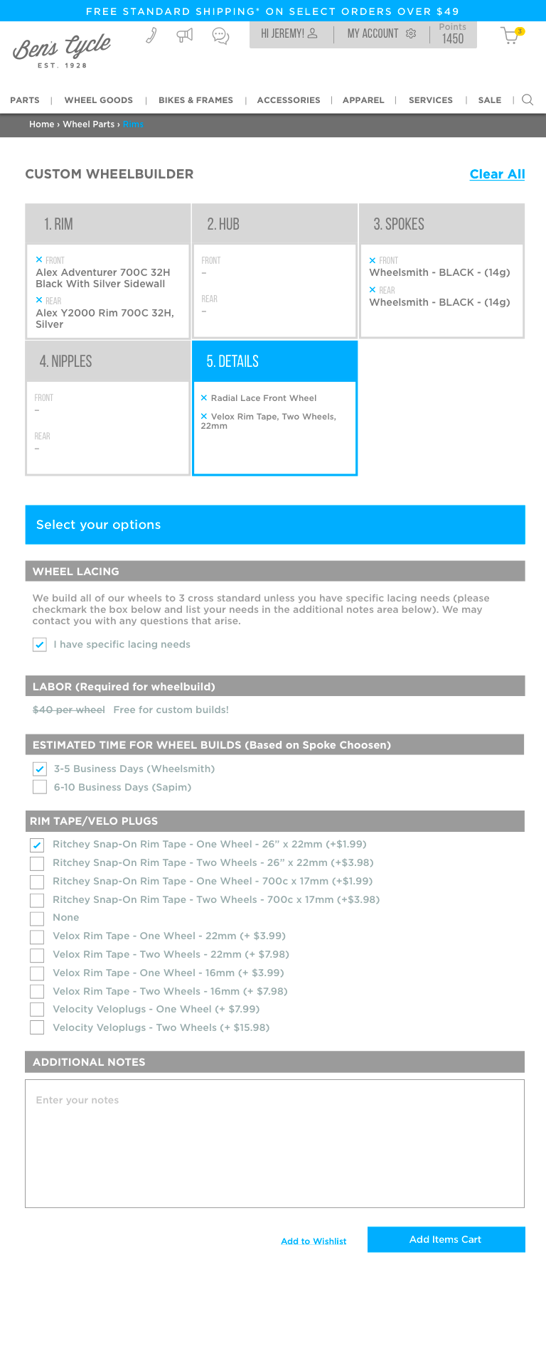 Screenshot of an online bicycle wheel builder configuration page on Ben's Cycle website showing options for custom wheel builds, including rim, hub, spokes, nipples, lacing, rim tape, and additional notes.