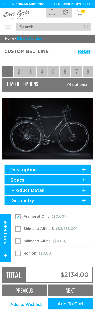 Screenshot of a bicycle customization page on Ben's Cycle website, showing a black bike with options to select model, specifications, and components, with a total price of $2,134.00.