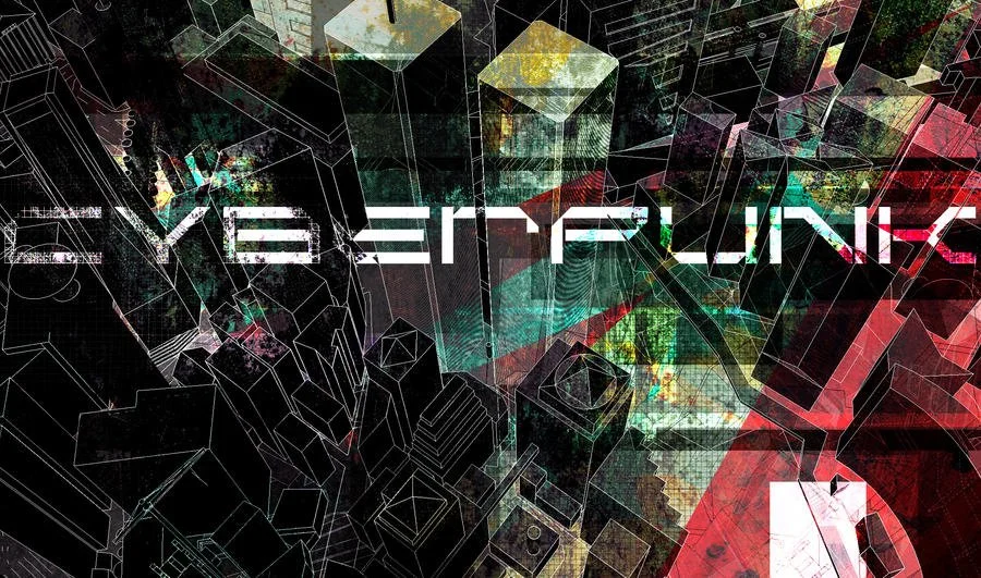 Futuristic digital cityscape with geometric outlines, neon accents, and the word 'Cyberpunk' in a stylized font.