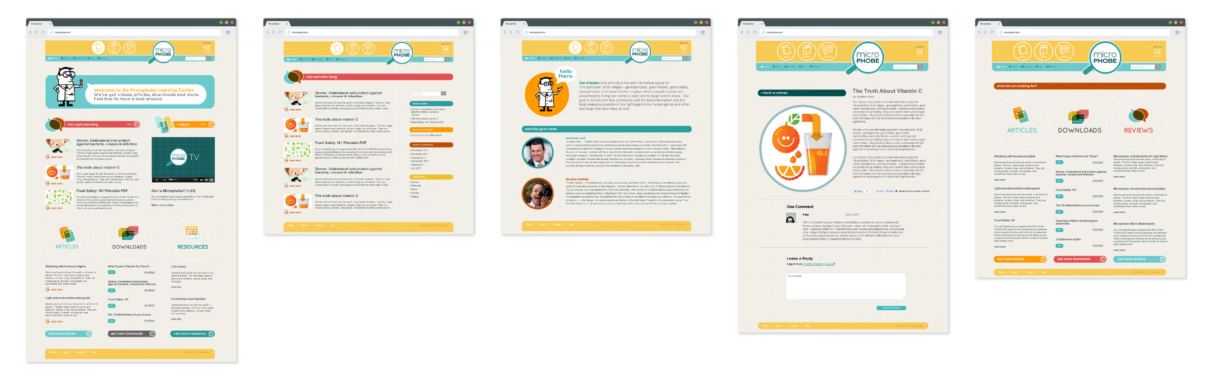 A series of five web pages from the Microphone Learning Center website, featuring articles about viruses, bacteria, and vitamin C, with illustrations, text, and navigation menus.