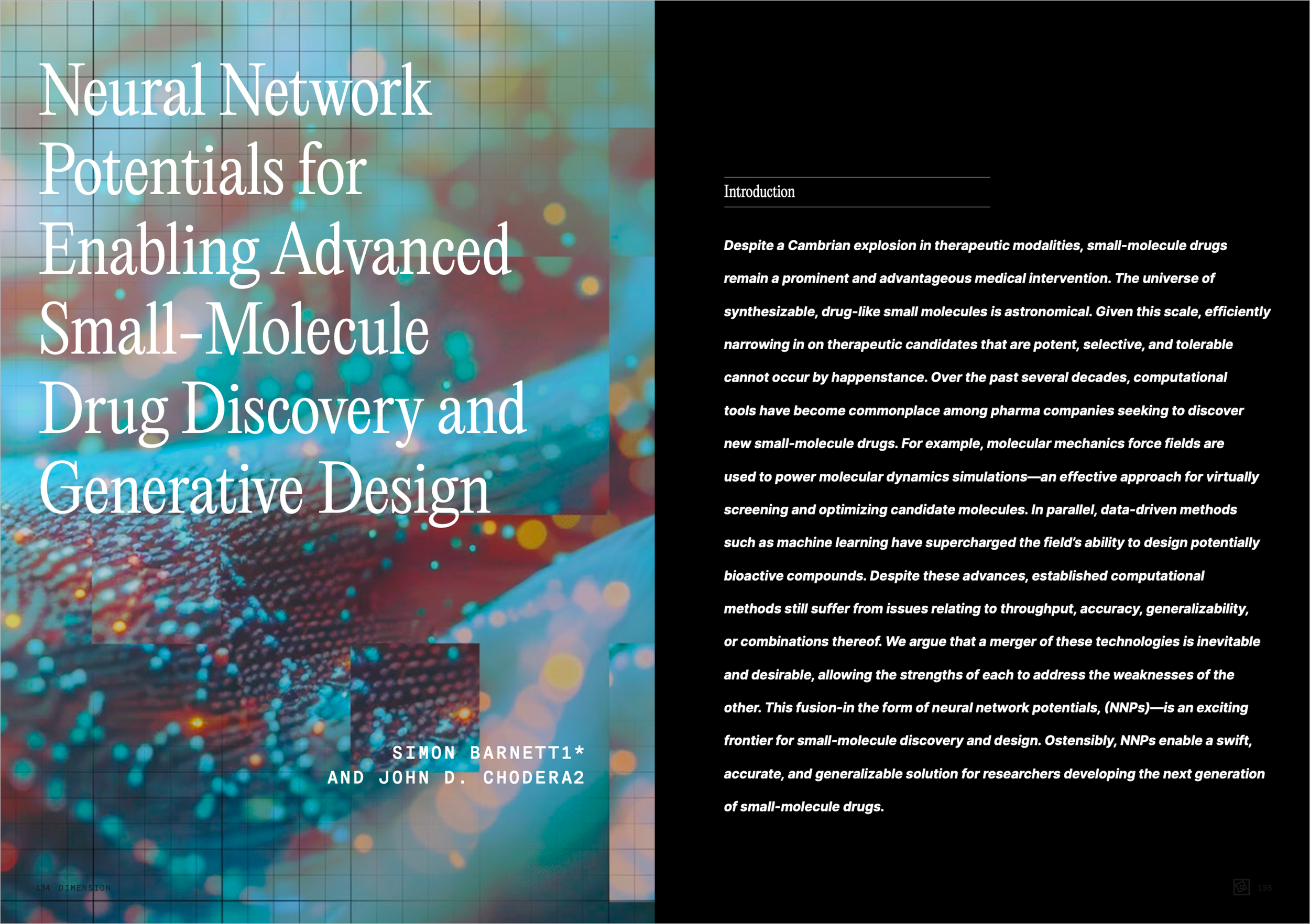 The image shows a book or journal cover titled 'Neural Network Potentials for Enabling Advanced Small-Molecule Drug Discovery and Generative Design.' The background features an abstract, colorful, digital or molecular pattern with a grid overlay. The