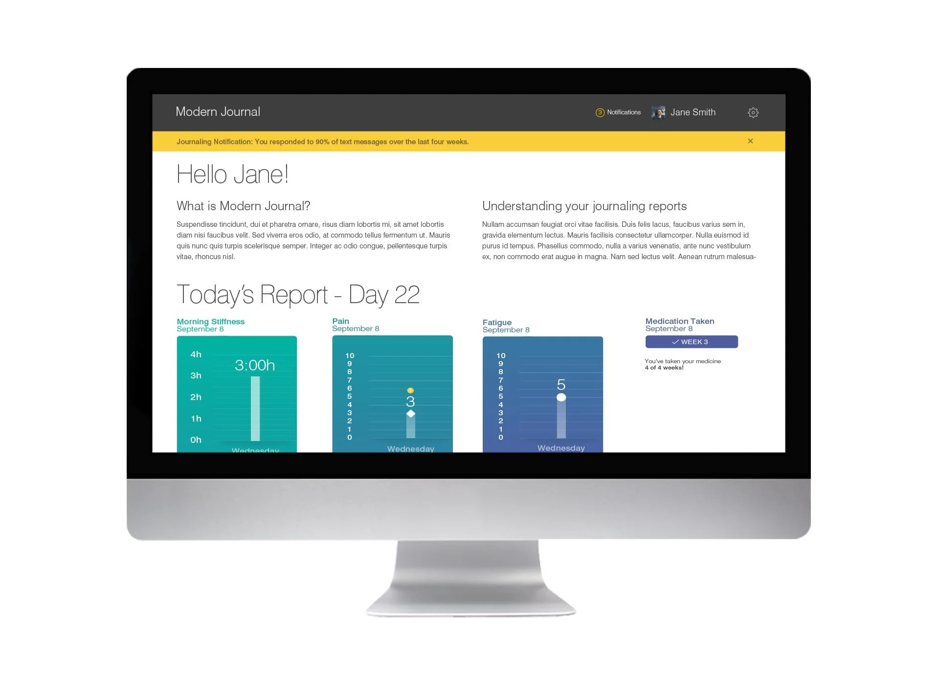 A computer monitor displaying a health journal report with graphs for symptoms like stiffness, pain, and fatigue, and medication adherence tracking.