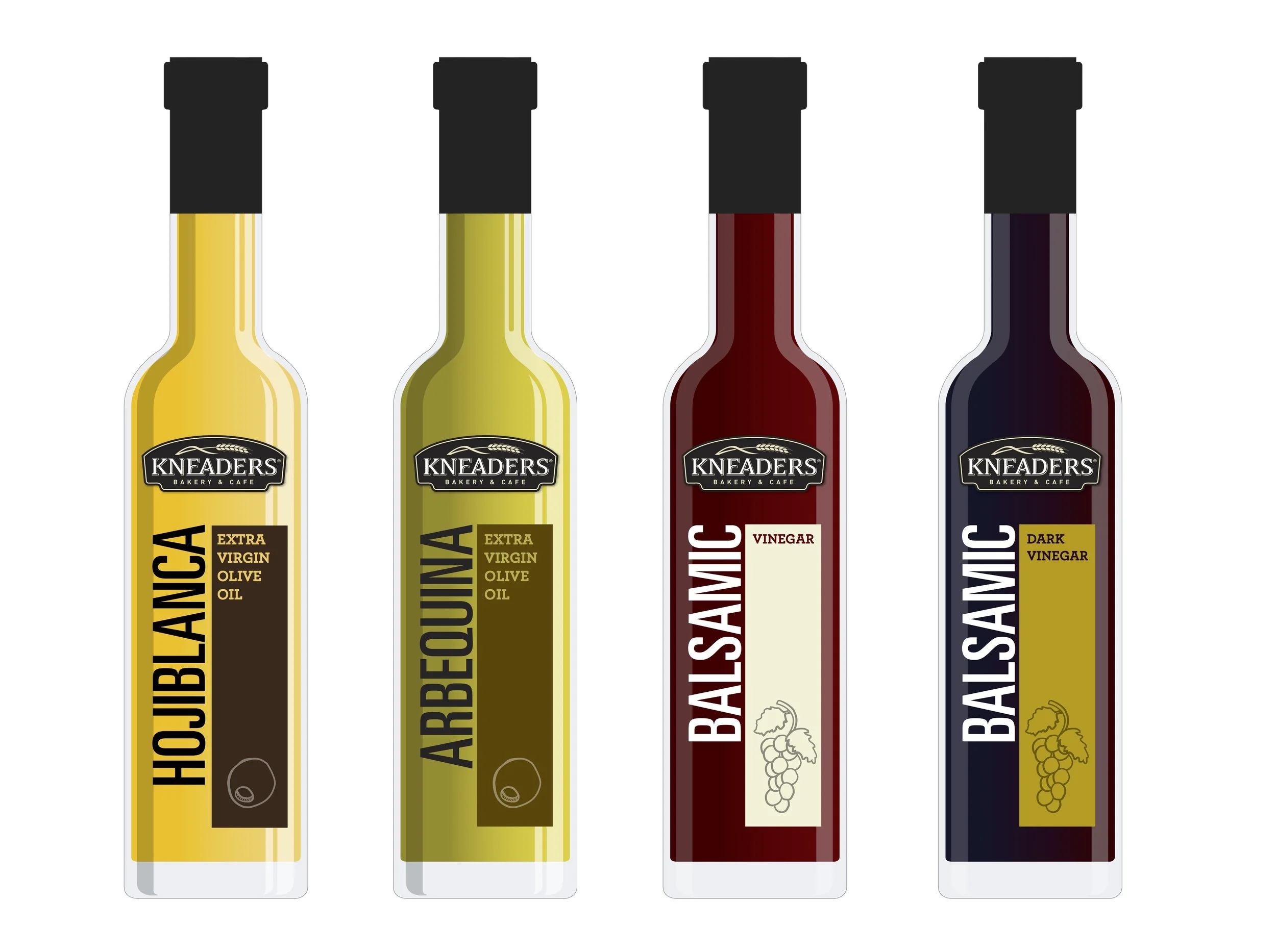 Four bottles of different types of vinegar, labeled as 'Household Vinegar', 'Apple Cider Vinegar', 'Salad Vinegar', and 'Dark Vinegar', from Kneaders Bakery & Cafe.