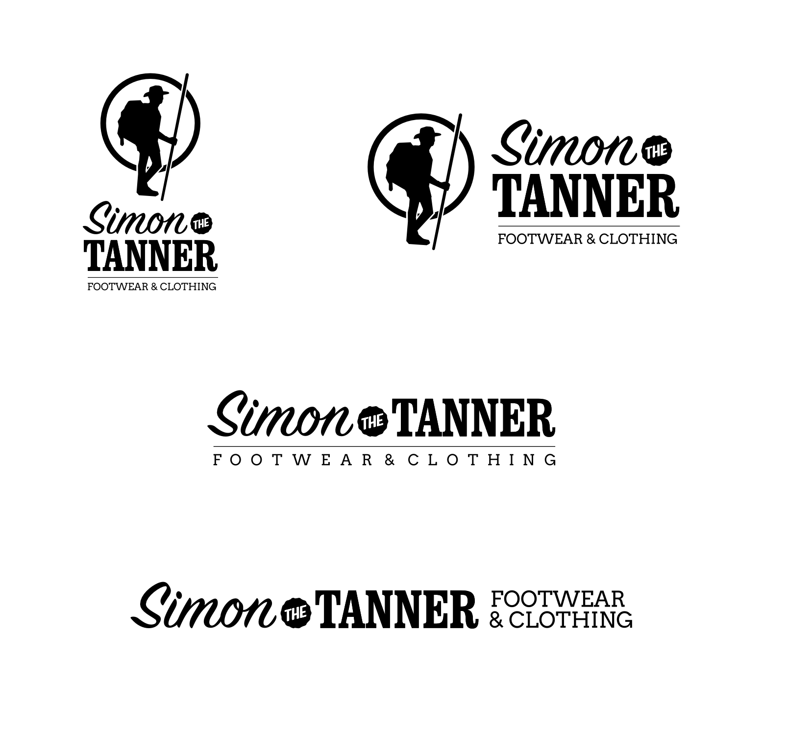 Black and white logo featuring a silhouette of a man with a hat and walking stick, encircled, with bold text reading 'Simon THE TANNER' and a smaller tagline 'FOOTWEAR & CLOTHING'.