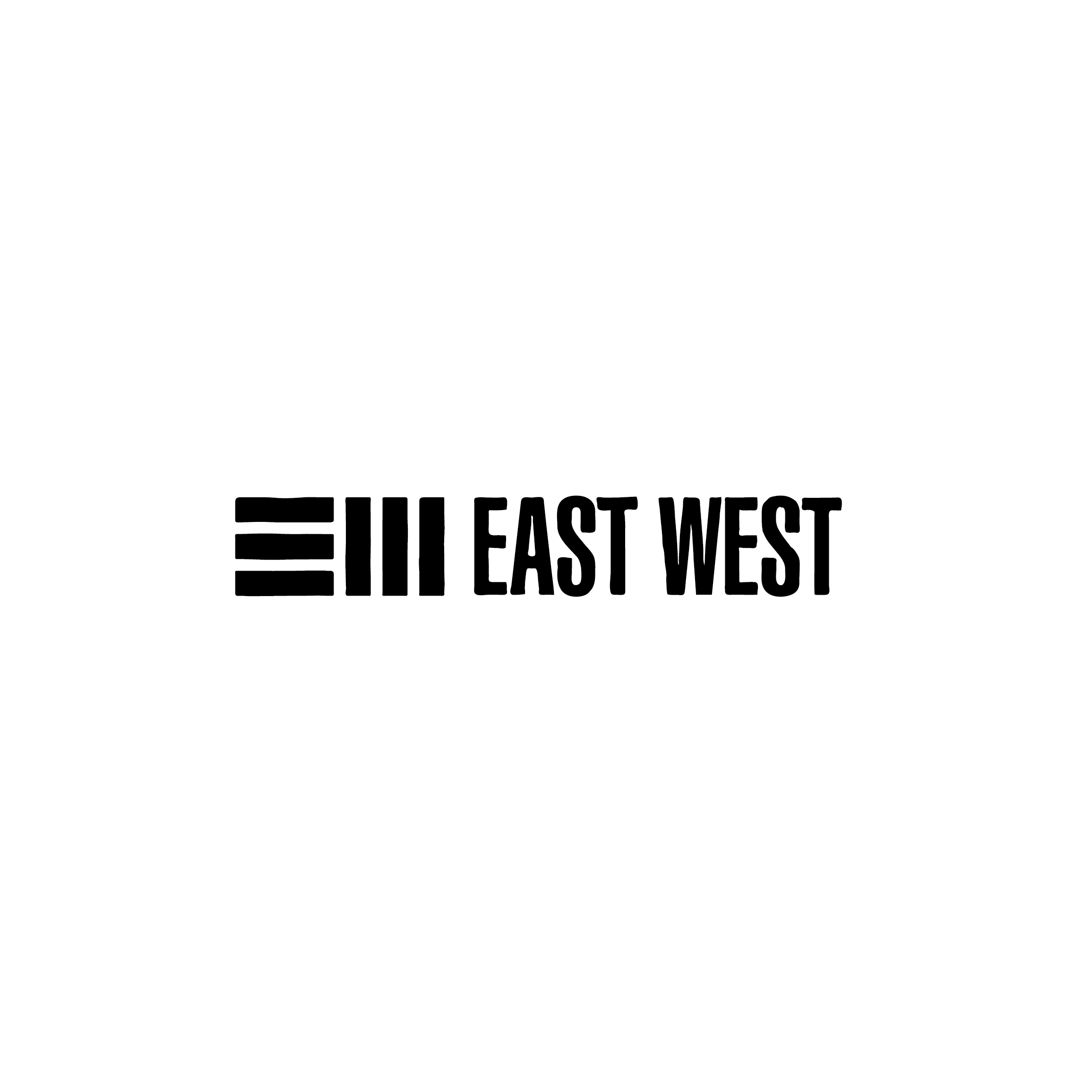Black text reading 'EAST WEST' with three horizontal black lines on the left side.