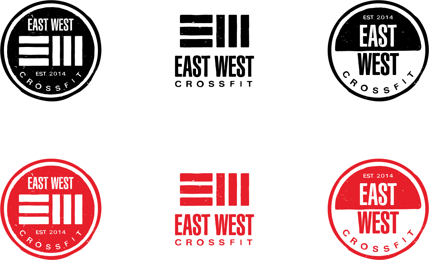 Three black and red logos for East West CrossFit, with two circular logos on the sides and a rectangular logo in the center, featuring the words 'East West' and 'CrossFit'.