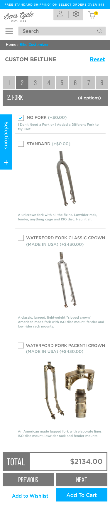 Screenshot of a bike part selection page showing options for forks, including a no fork option, a standard fork, Waterford Fork Classic Crown, and Waterford Fork Pacenti Crown, with prices and descriptions.