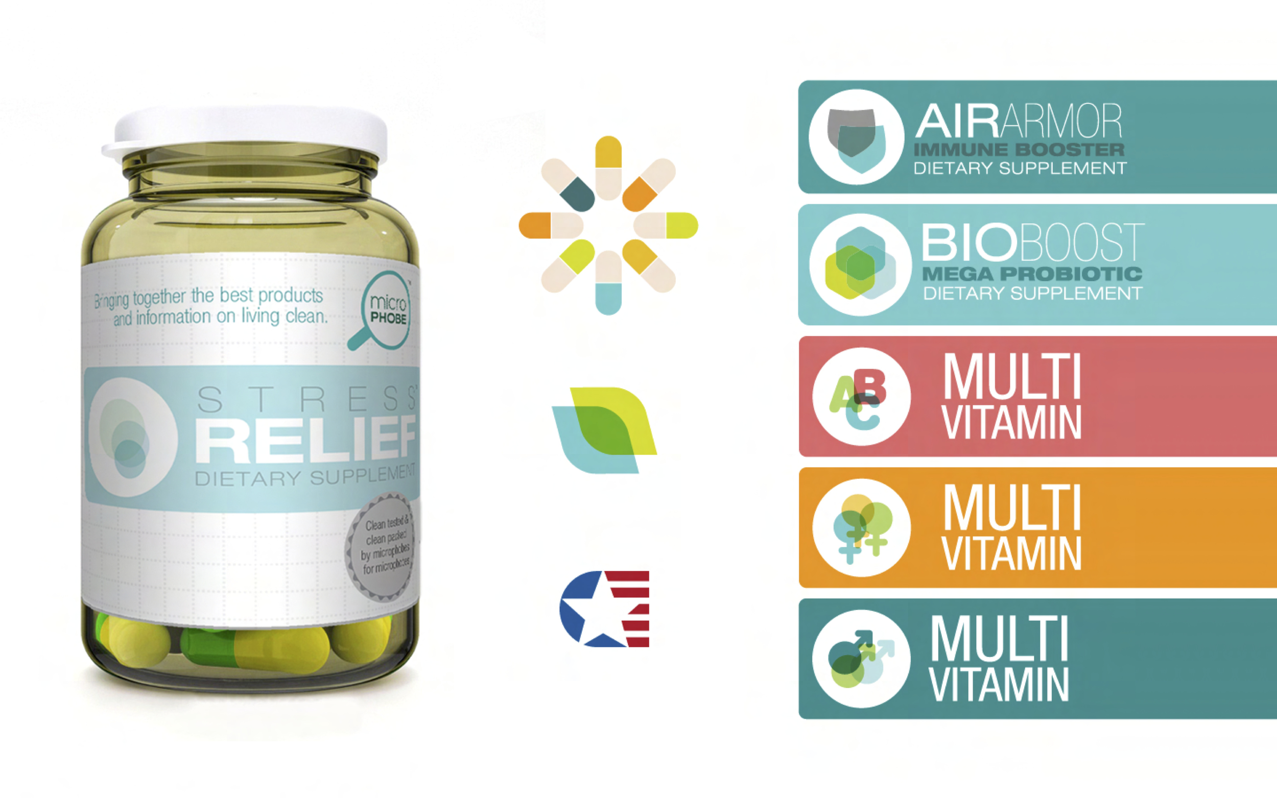 Bottle of stress relief dietary supplements with green and yellow capsules and graphic information on a white background about immune booster, probiotic, multi vitamins, and other dietary supplements.