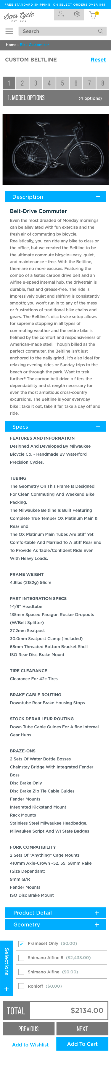 A detailed webpage of a custom bicycle order for a belt-drive commuter bike, including sections for model options, description, specifications, and product details, with an image of a black bicycle on a dark background.