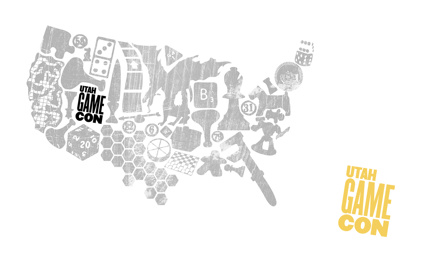 A stylized map of the United States created with various gaming icons and pieces, with the words 'Utah Game Con' in black and yellow in the shape and position of Utah.