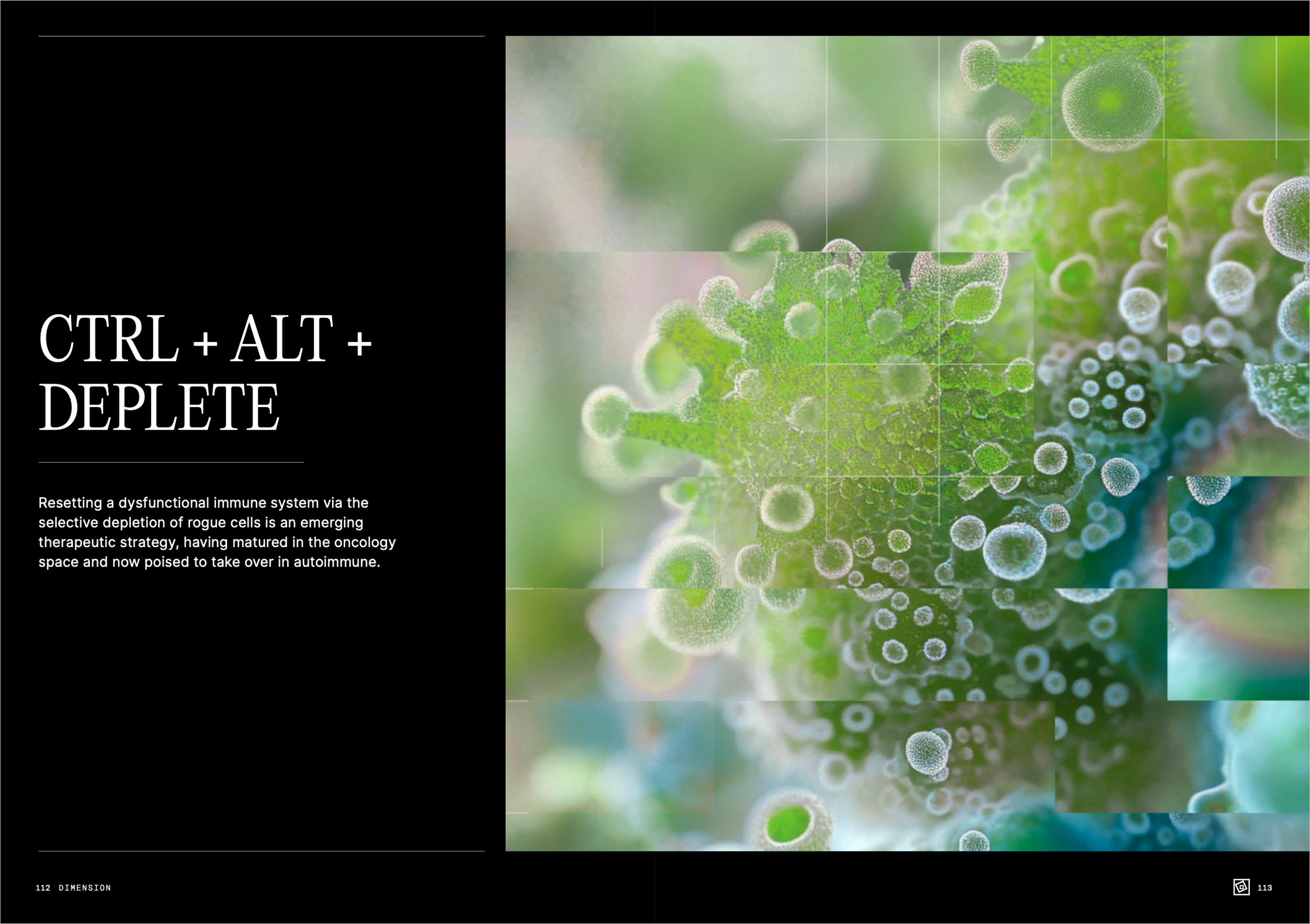 Page from a scientific publication showing images of viruses and a section of text discussing immune system therapy, with the title 'CTRL + ALT + DELETE'.
