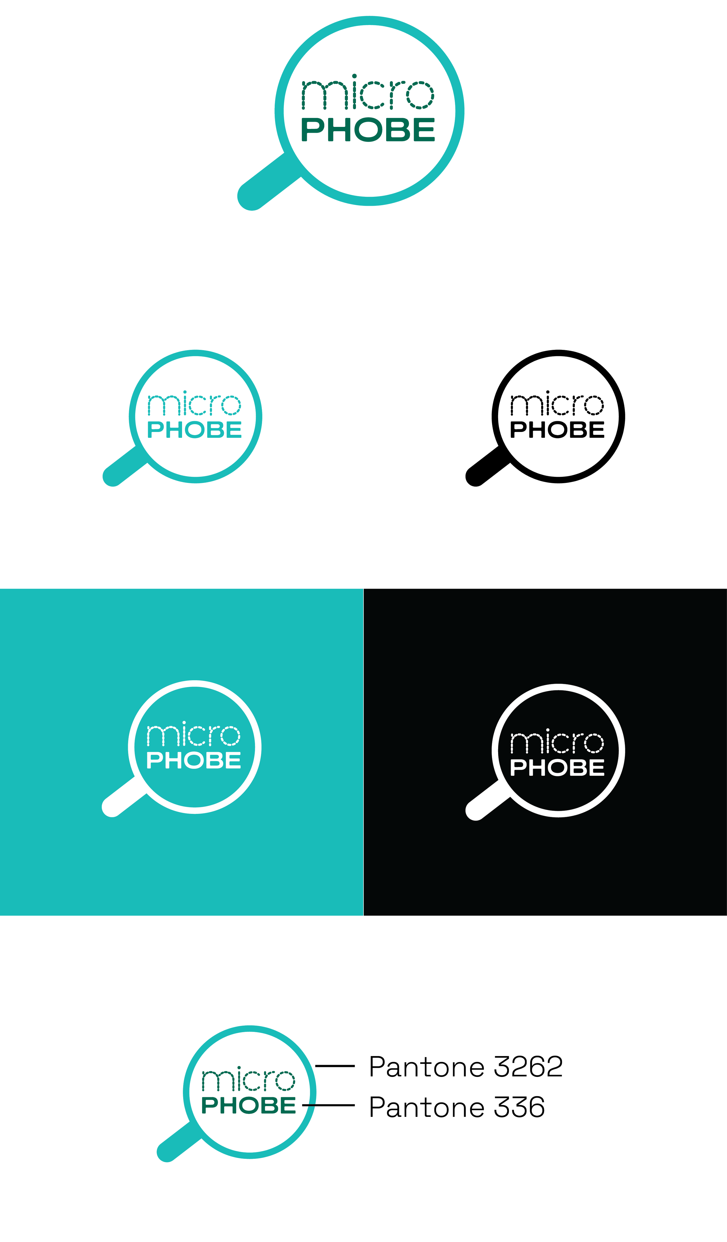 Different color variations of a logo featuring a magnifying glass with the words 'micro PHOBE' inside, and color codes Pantone 3282 and Pantone 336.