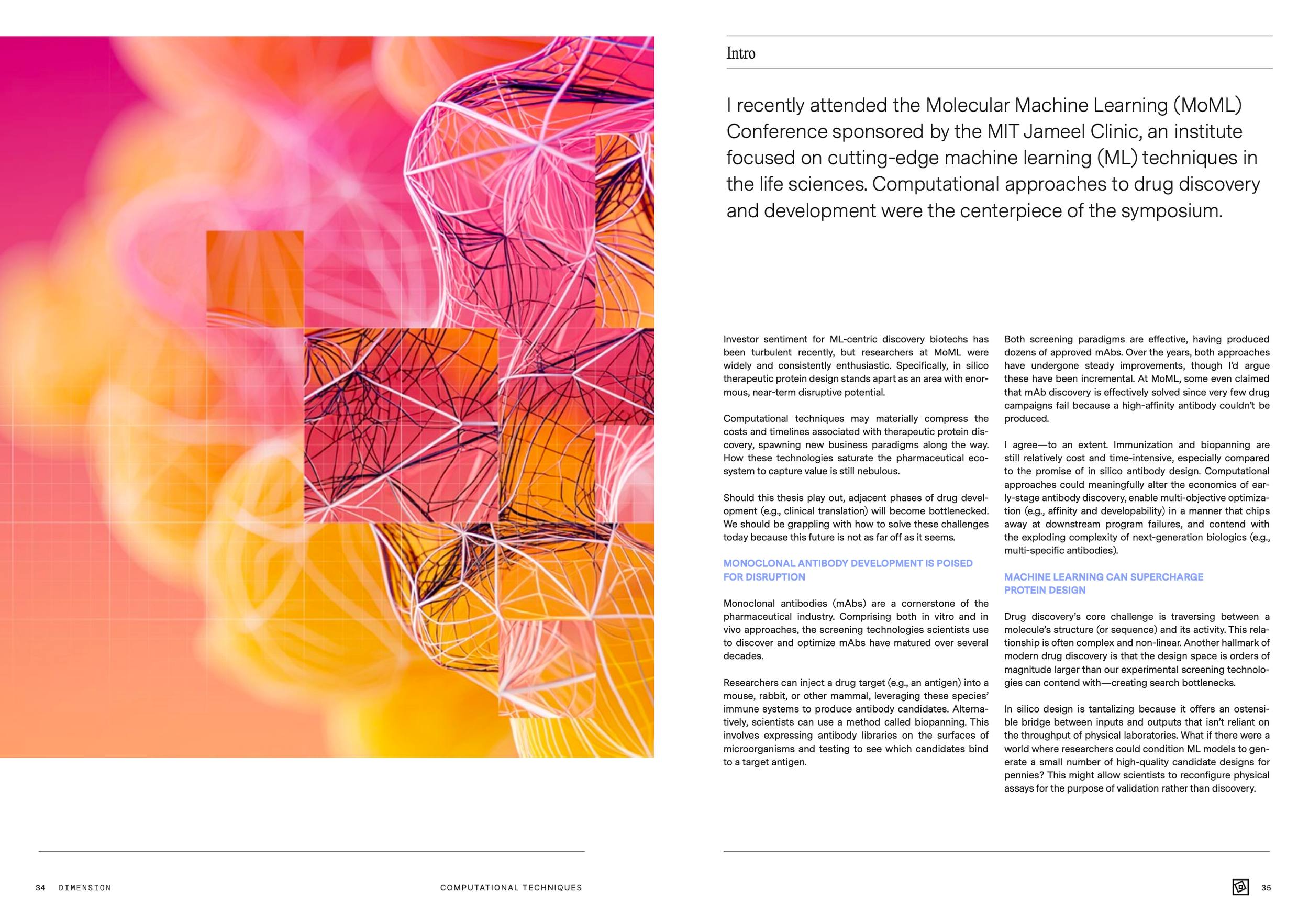 Open magazine or journal with colorful abstract illustrations of molecular structures on the left page and scientific text on the right page.
