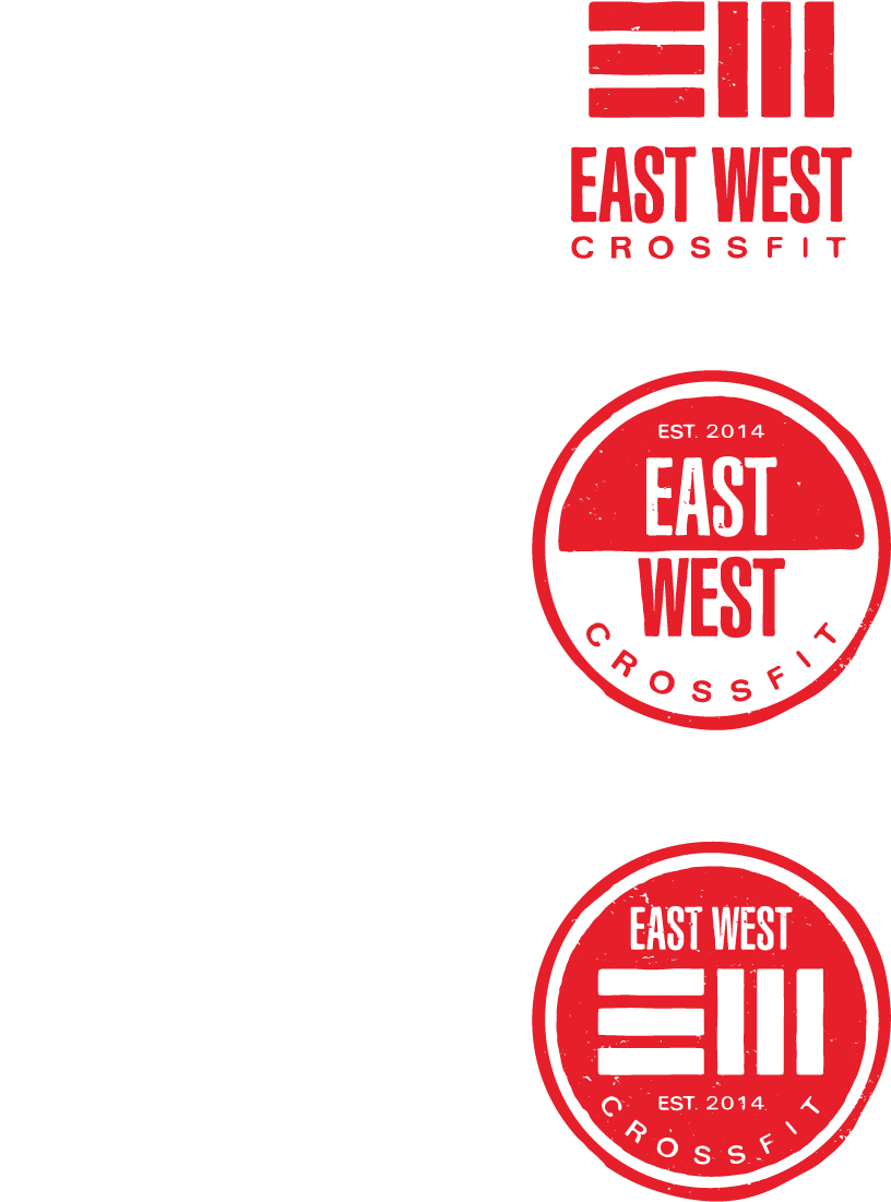 Four logos for East West CrossFit, two black and white, two red and black, each displaying the text 'EST. 2014', 'EAST WEST', and 'CROSSFIT' with stylized horizontal bars and a circular design.