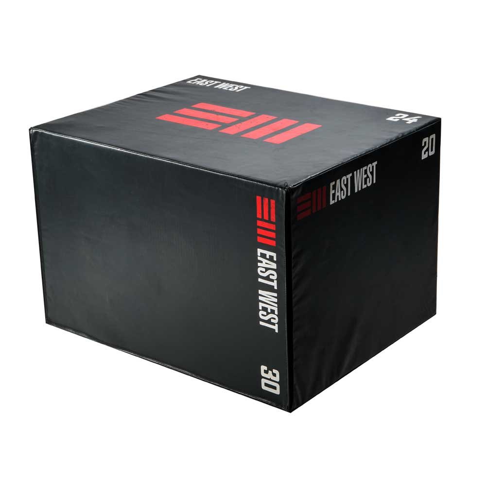 A black box with red and white text and graphics, featuring the phrases "EAST WEST," "20," and the logo "E10".