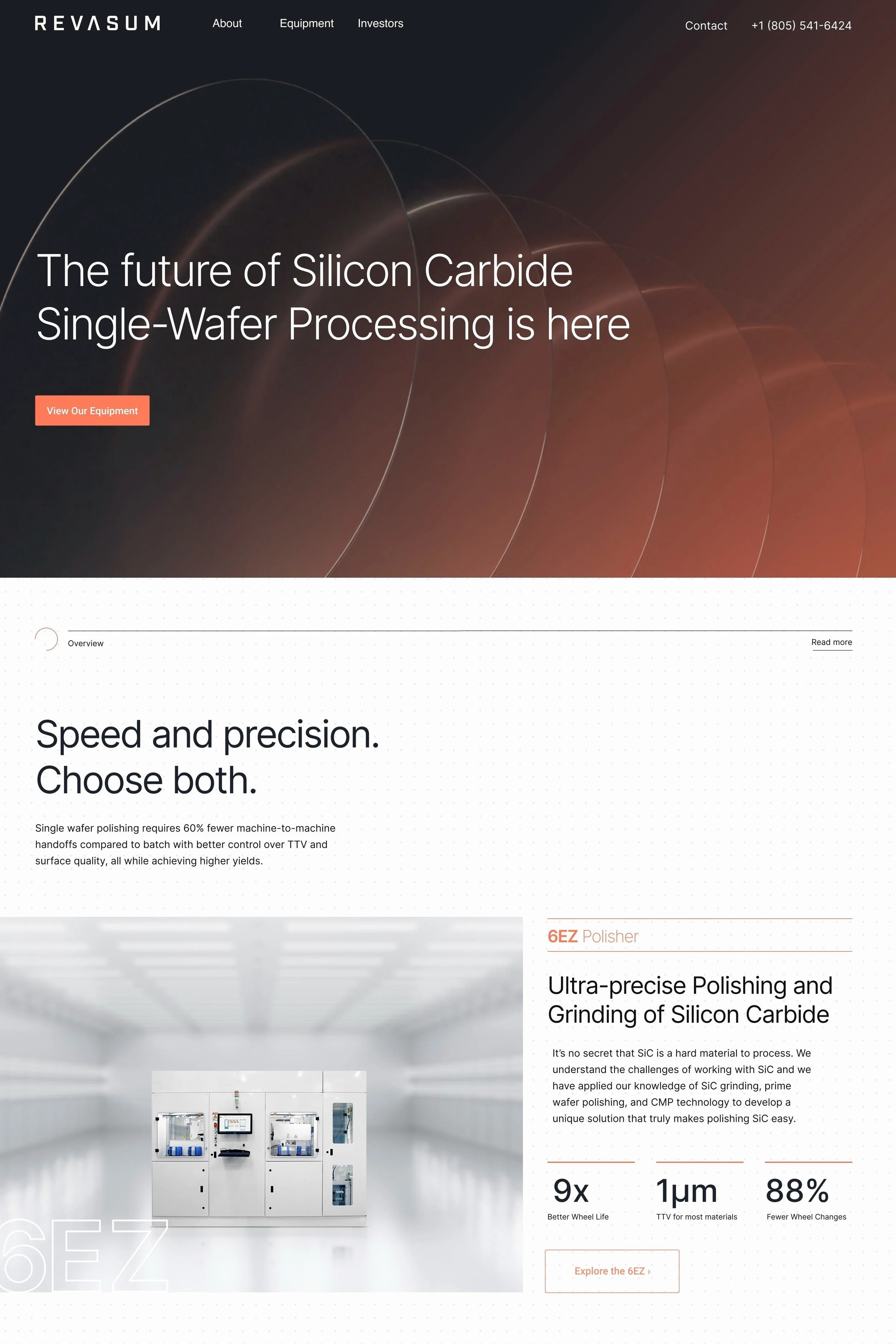 Screenshot of a website homepage for Revassum, featuring a dark background with a geometric pattern, navigation menu at the top, and promotional information about silicon carbide single-wafer processing technology, including images of processing equipment and key statistics.