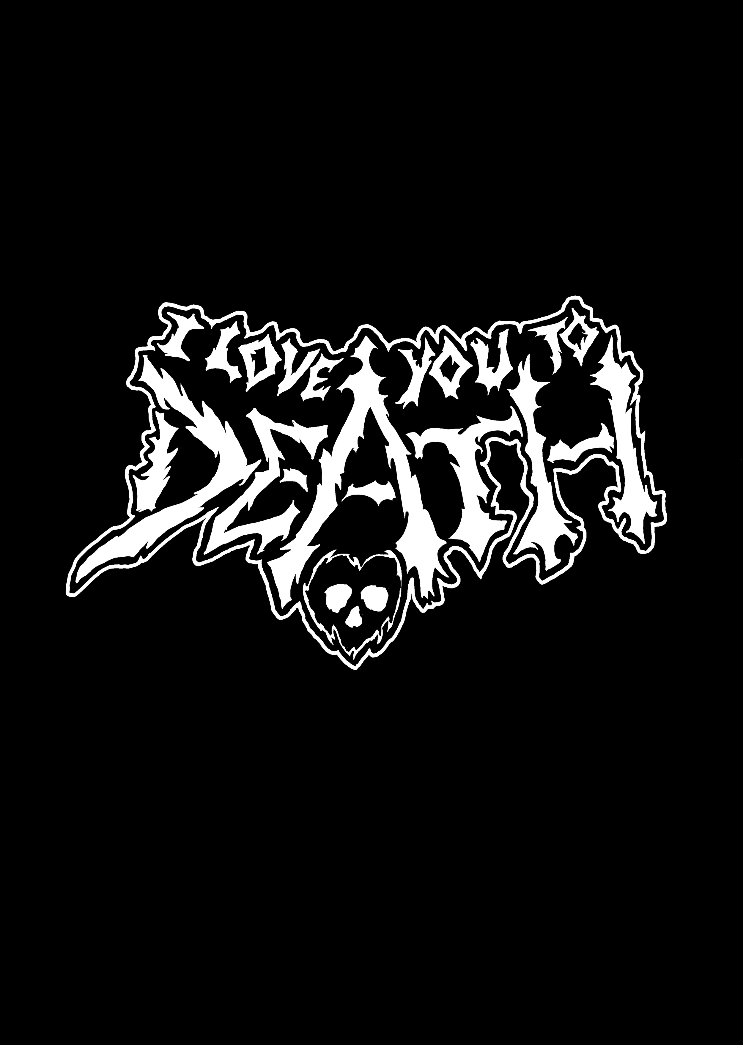 Black T-shirt with white graphic of a skull and a stylized, chaotic text that reads 'Love You Dead' in a horror punk or heavy metal style.