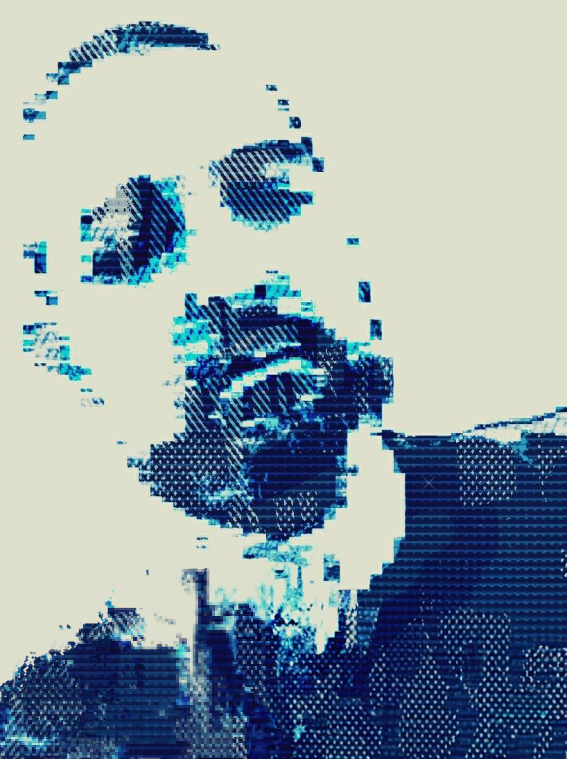 Stylized digital art portrait of Micah Bauer rendered in blue tones with a pixelated and glitch effect.