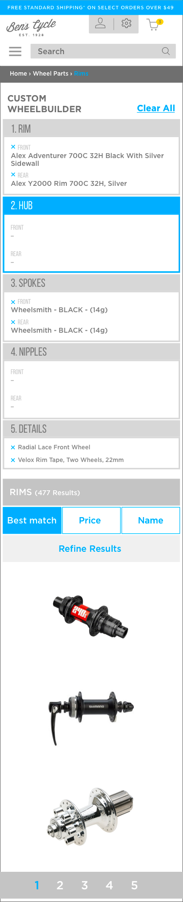 Screenshot of an online wheel parts store showing options for customizing wheels, including rims, hubs, spokes, and nipples. The page displays selected black Alex Adventureer rim and black Wheelsmith spokes, and shows images of different bike hubs an
