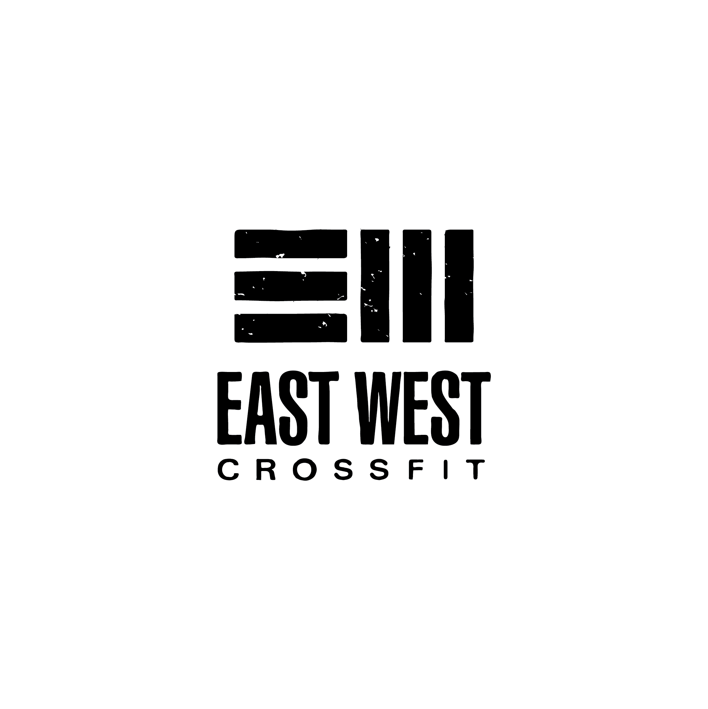 Black text with a grunge style on a white background that reads, 'EAST WEST CROSSFIT'.