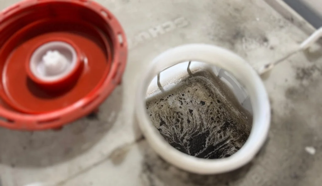 Inside an open bleach bottle with a red cap, showing dirty, discolored liquid and residue at the bottom.
