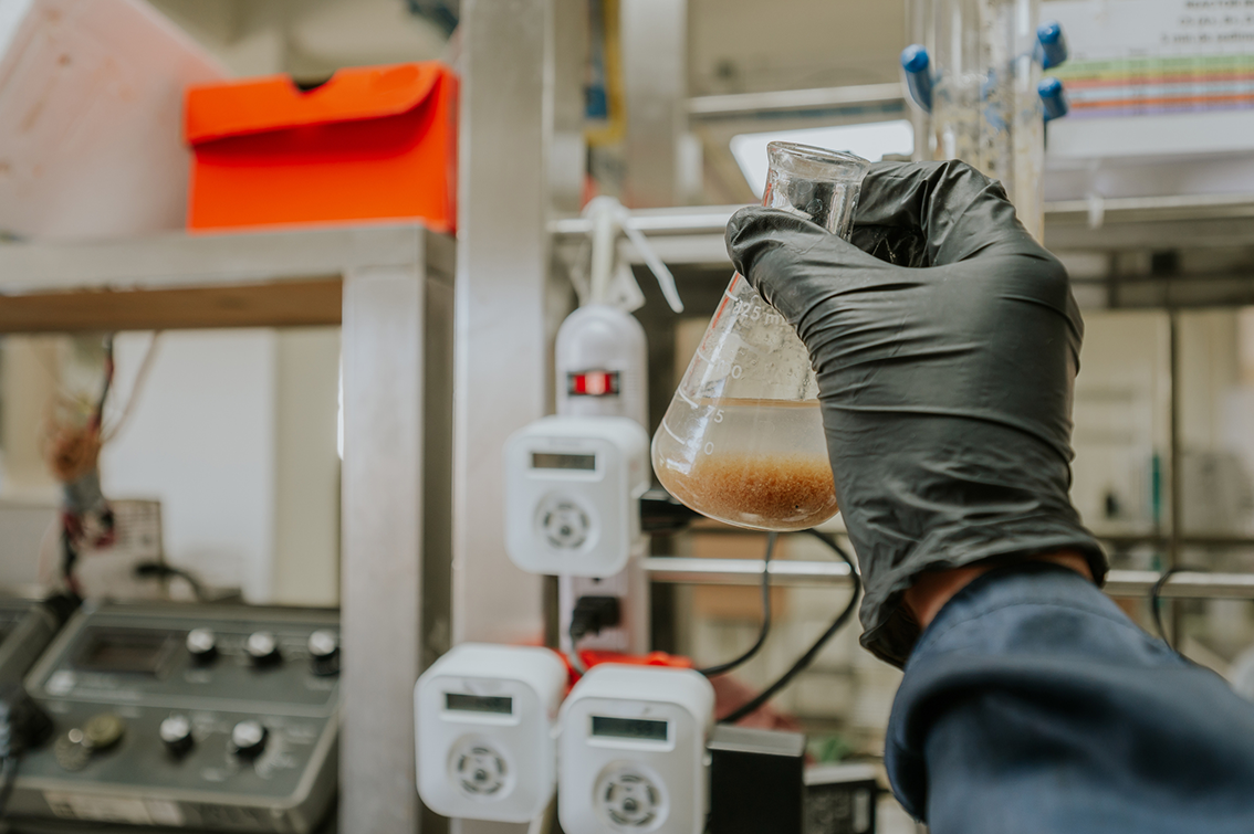 A scientist wearing black gloves holding a glass flask with a liquid and sediment at the bottom in a laboratory.