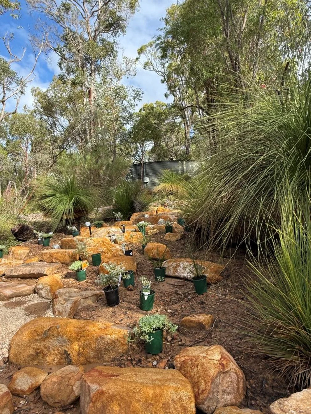 Native plants and natural rock lead up to a water tank and more natural bushland