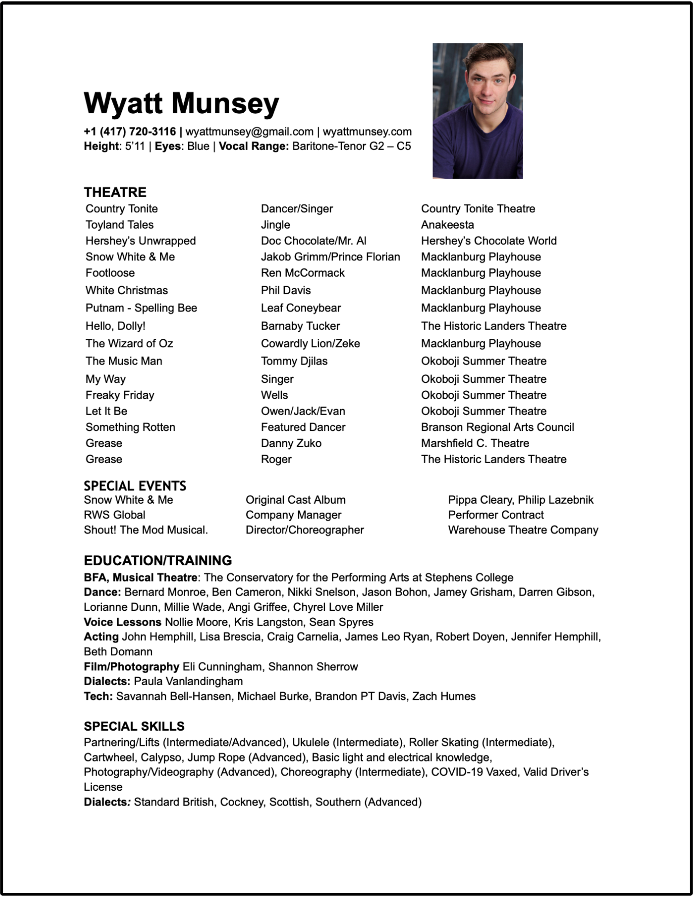 A professional resume or portfolio page for Wyatt Munsey. It includes his contact information, physical description, and a headshot photo. The document lists his theatre, special events, education and training, and special skills, including acting, dance, voice lessons, and technical skills.