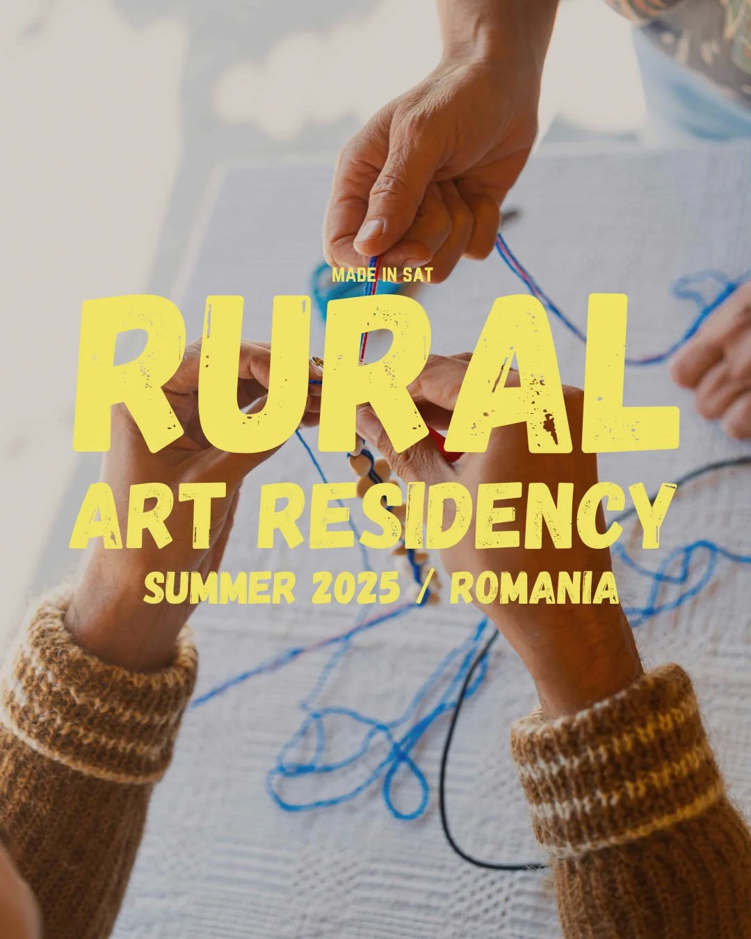 Hands knitting with yarn on a table, overlaid with text about a rural art residency program in Romania.