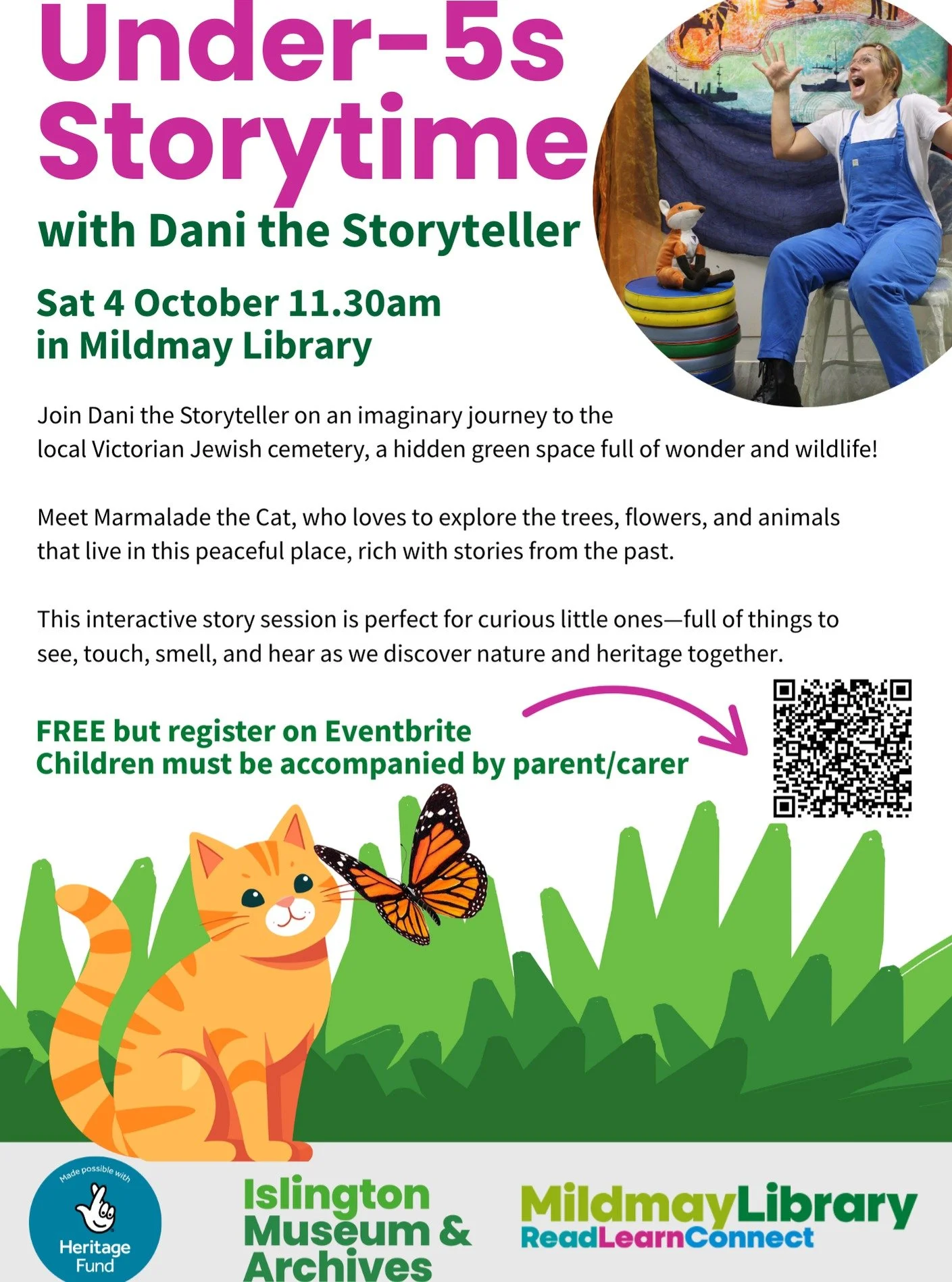 Dani the Storyteller delivers the most fun sensory stories for under-5s that adults will love too.

Join us in Mildmay Library on Saturday 4 October at 11.30am and Dani will take us on an imaginative journey to BPR Cemetery, exploring the nature and 