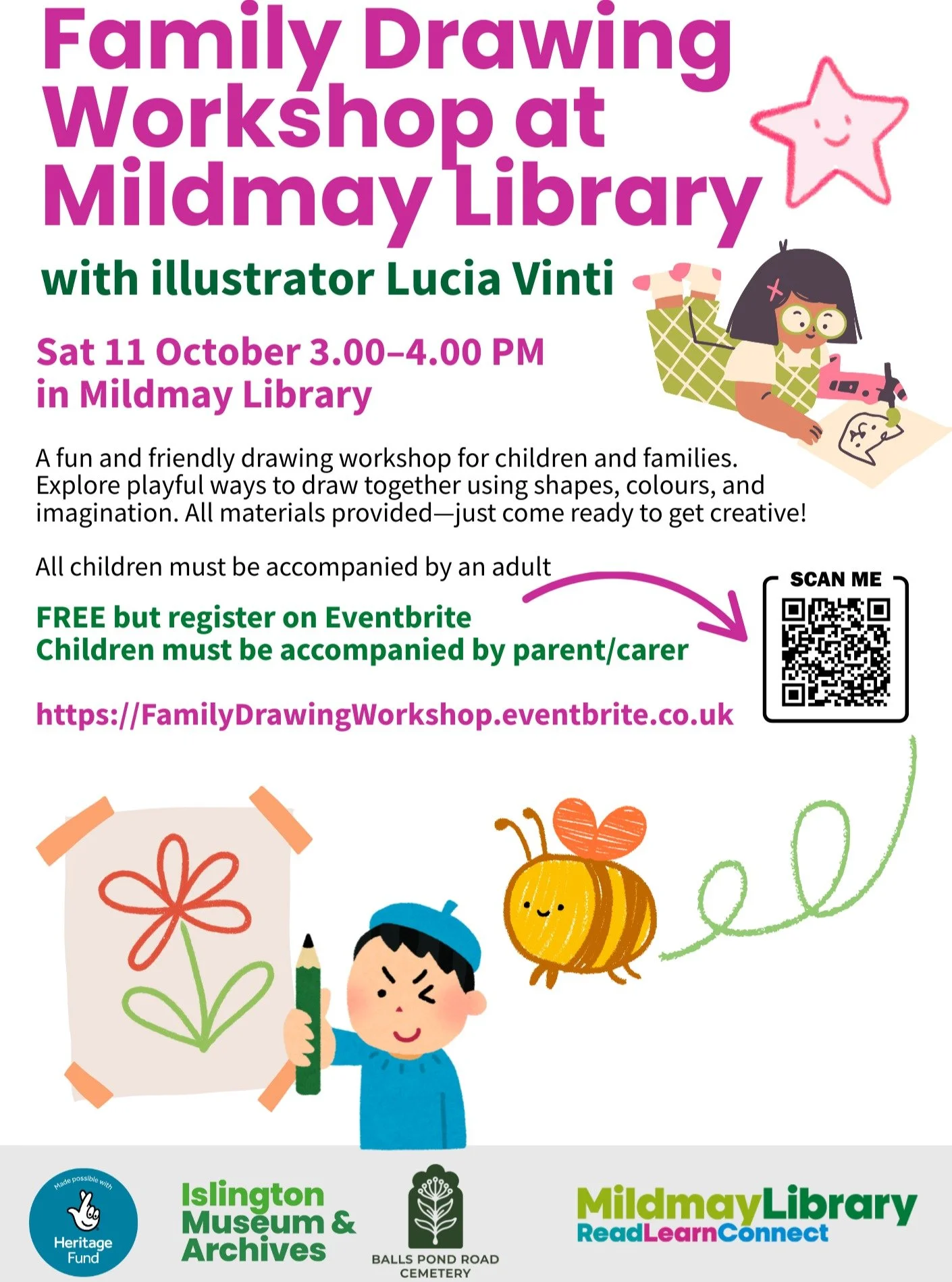 Looking for something to do at the weekend? Come along to one of our drawing workshops at Mildmay Library on Saturday 11 October.

Something for the family? Come along at 3-4pm to draw with illustrator Lucia Vinti.

Or if you want something just for 