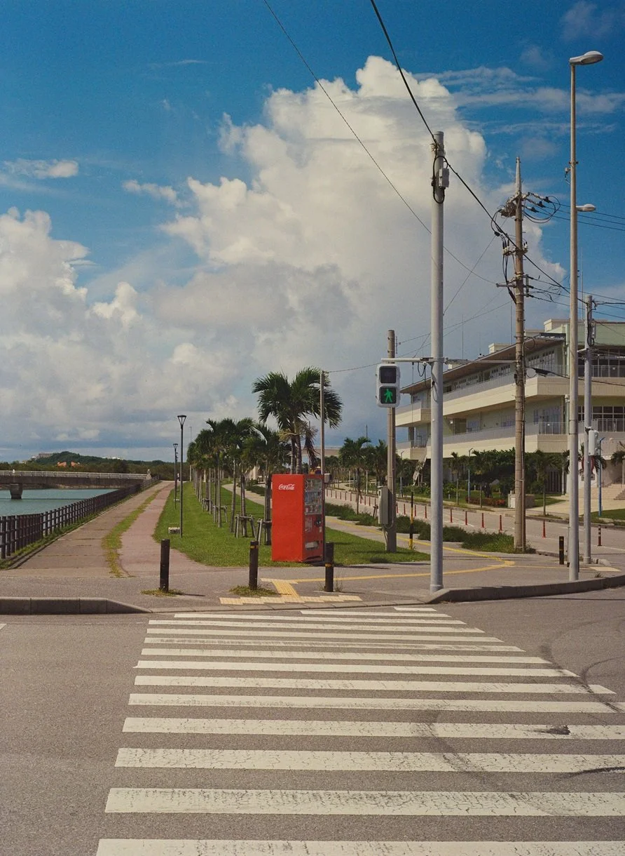 Crosswalk with traffic light showing green, sidewalk with palm trees, vending machine, modern building, utility poles with wires, overcast sky near water.