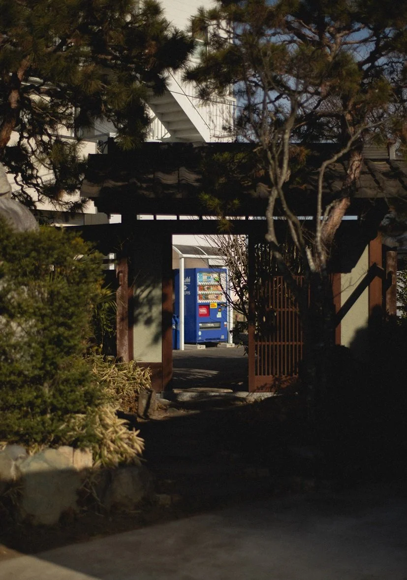View through a wooden gate to a blue vending machine outdoors, surrounded by trees and bushes.