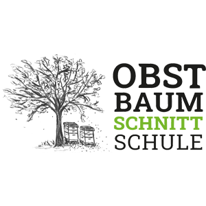 Logo der Obstbaumschnittschule mit dem Schriftzug, und einem Obstbaum mit zwei Bienenbeuten darunter.