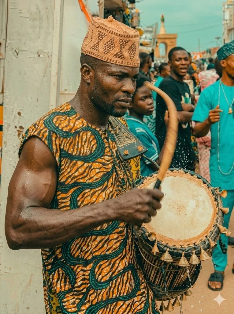 Yorùbá man drumming a dùndún