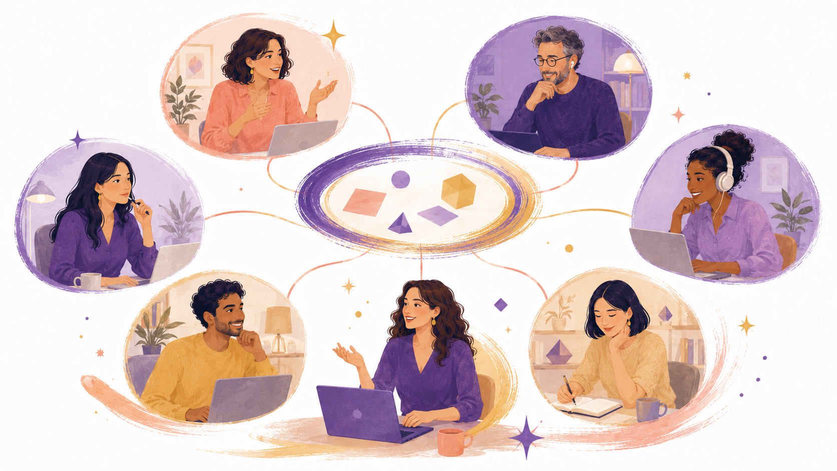 Cercle de participants, une bulle centrale symbolisant les idées partagées en Mastermind