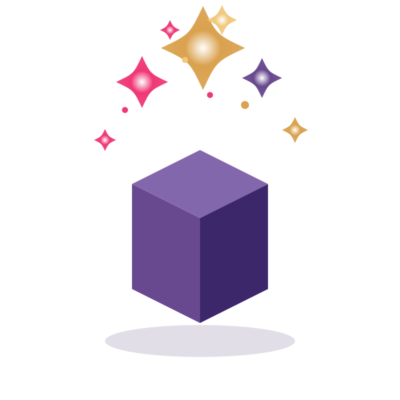 "Illustration d'une boîte violette d'où jaillissent des étincelles, symbolisant l'émergence des idées