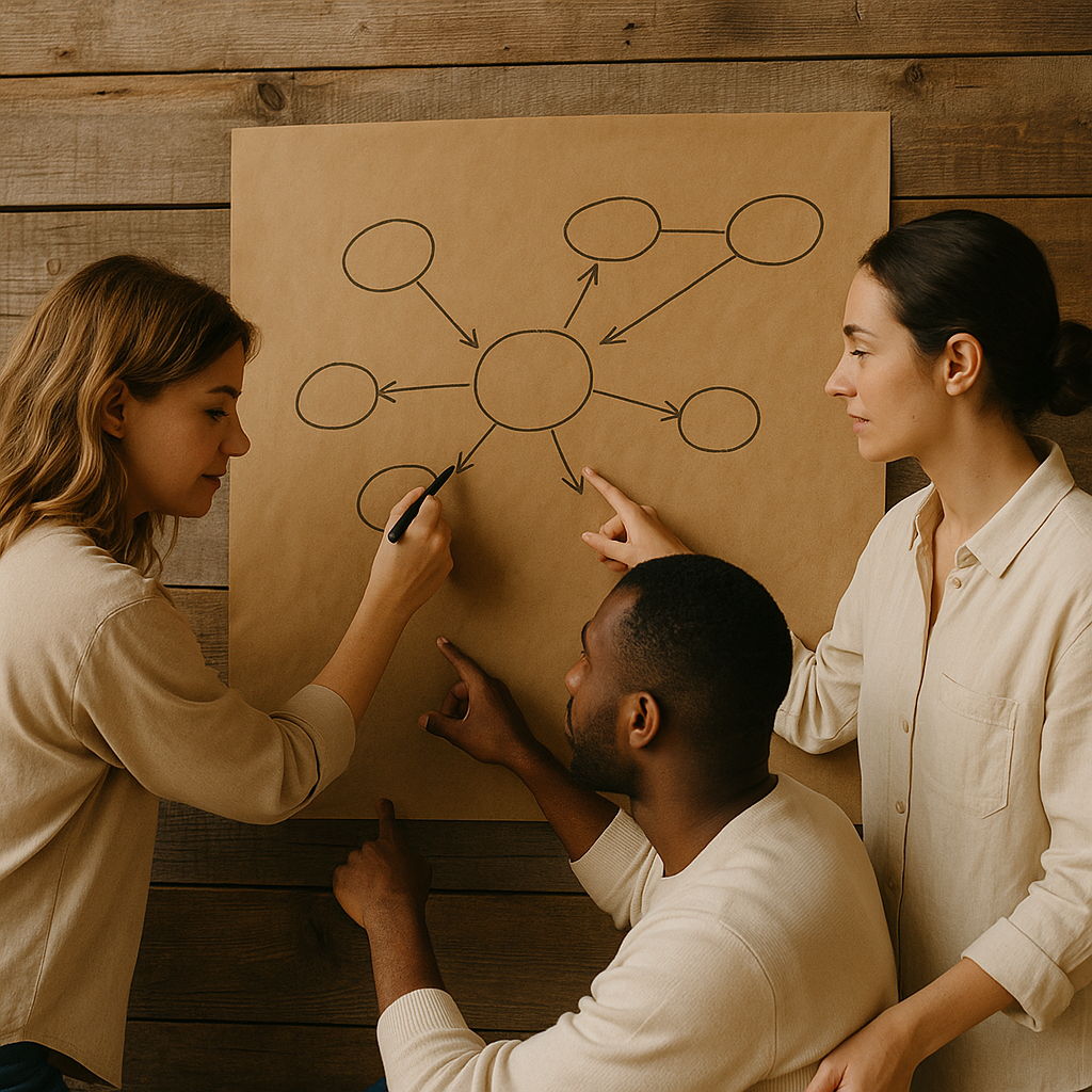 Trois personnes discutant devant un tableau avec un diagramme de flux.