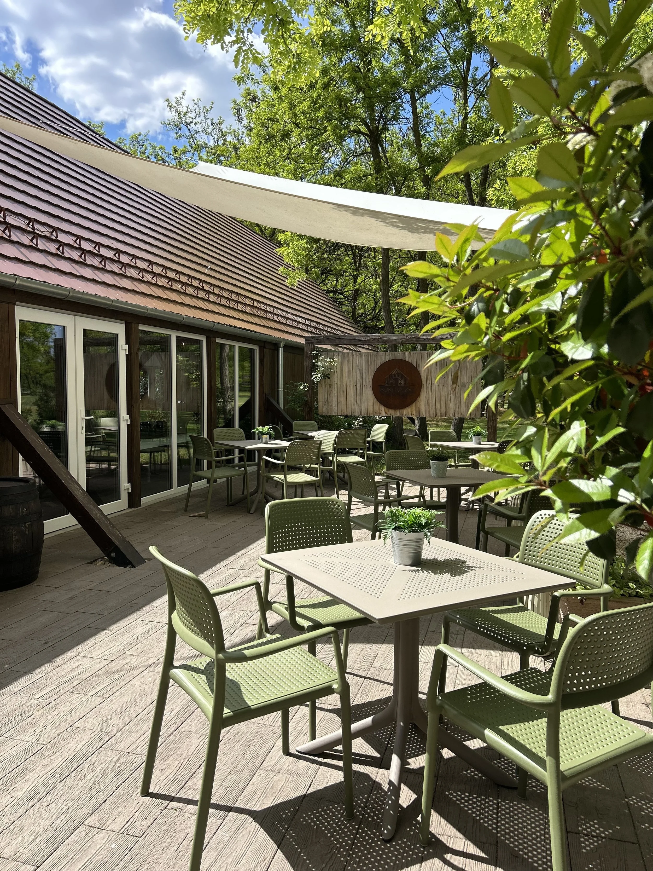 An outdoor patio with several green chairs and tables, potted plants, a wooden house with sliding glass doors, and surrounding trees with a blue sky and clouds overhead.